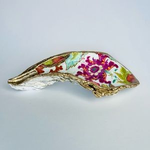 Handmade Large Oyster Shell Ring/Trinket Dish with Floral Pattern and Gold Trim